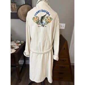 Tommy Bahama Robe Mens L/XL White Terry Cloth Belted Embroidered Marlin Graphic